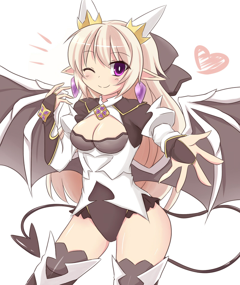 ;) blonde_hair blush boots bow breasts bridal_gauntlets cleavage cleavage_cutout demon_girl demon_tail demon_wings earrings hachimi hair_bow heart horns jewelry leotard lilim_(shingeki_no_bahamut) medium_breasts one_eye_closed outstretched_hand purple_eyes shingeki_no_bahamut smile solo tail thigh_boots thighhighs wings