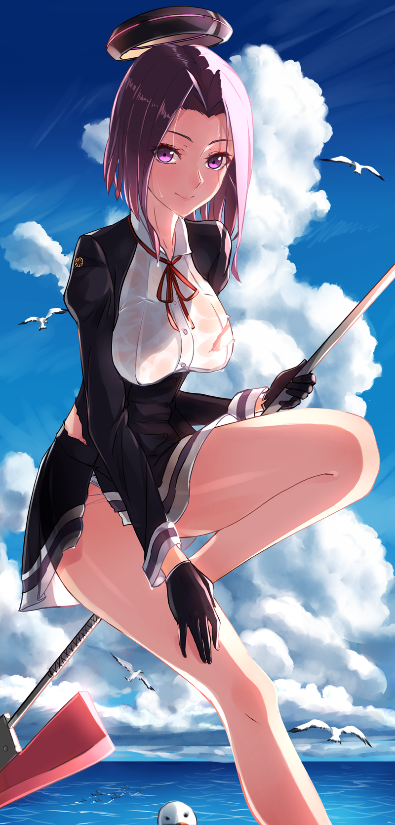 bare_shoulders black_gloves blush breasts dress gloves highres kantai_collection large_breasts mechanical_halo panties phantania polearm purple_eyes purple_hair school_uniform see-through short_dress short_hair solo tatsuta_(kantai_collection) torn_clothes underwear weapon wet white_panties