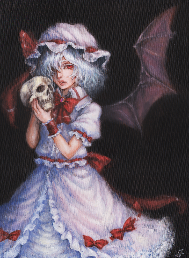 bat_wings bow brooch darkness dress hair_over_one_eye hat hat_ribbon jewelry johnalay looking_at_viewer mob_cap oil_painting_(medium) parted_lips puffy_sleeves red_eyes remilia_scarlet ribbon sash short_sleeves silver_hair skull solo touhou traditional_media white_dress wings wrist_cuffs