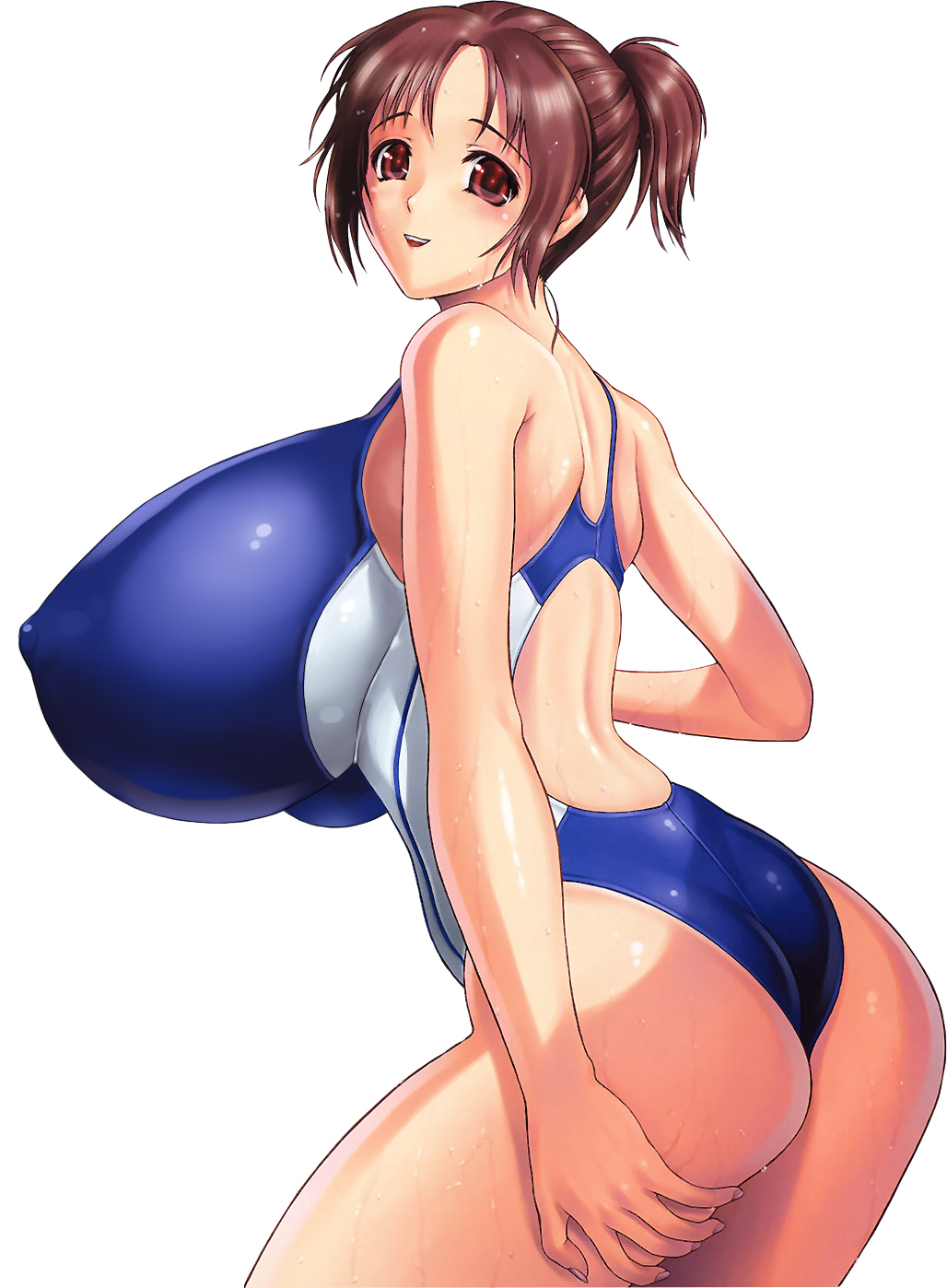 1girl artist_request ass blush breasts brown_eyes brown_hair covered_nipples erect_nipples female gigantic_breasts highres nipples shiny shiny_skin smile swimsuit wet