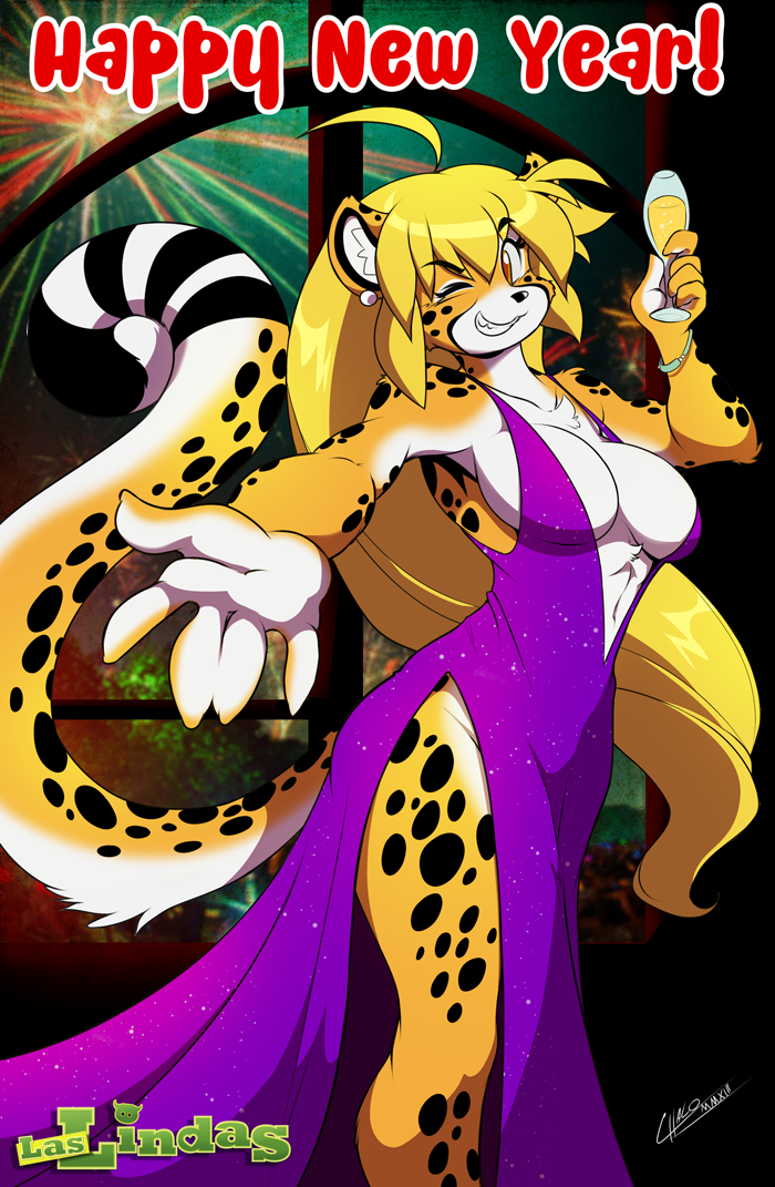 anthro beverage big_breasts black_fur blonde_hair breasts chalo cheetah cleavage clothed clothing dress drink feline female fireworks fur hair holidays jewelry katbox long_hair mammal mihari new_year one_eye_closed skimpy smile solo standing white_fur window wink