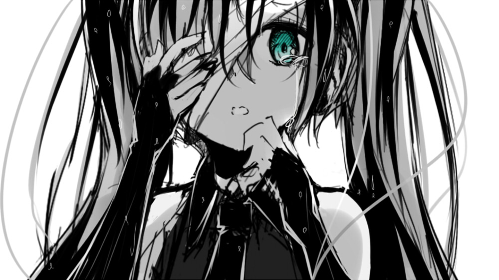 bandages crying green_eyes greyscale hatsune_miku kojiki-life long_hair looking_at_viewer monochrome simple_background solo spot_color tears vocaloid white_background