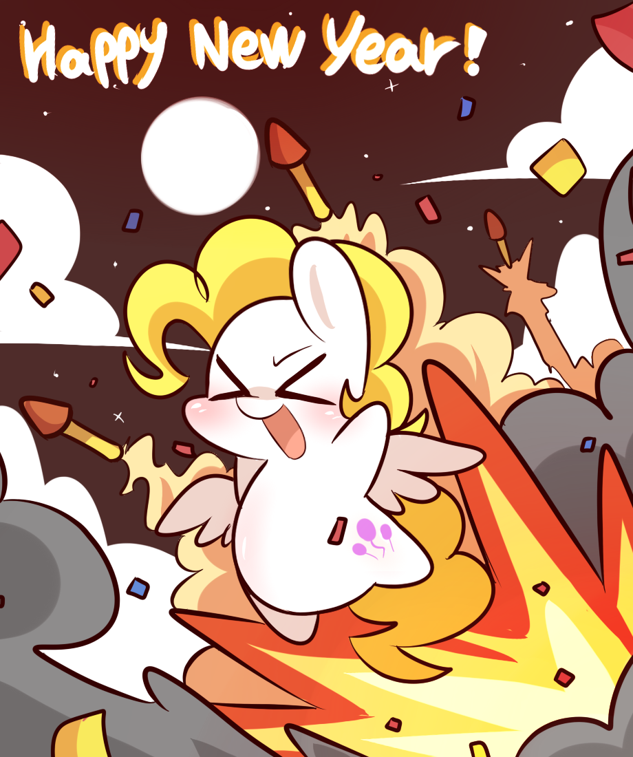 &gt;_&lt; blonde_hair blush chibi cloud clouds confetti cutie_mark english_text equine explosion female feral fireworks friendship_is_magic fur hair horse lifeloser long_hair mammal moon my_little_pony night open_mouth outside pegasus pony sky smile smoke solo surprise_(mlp) text tongue white_fur wings