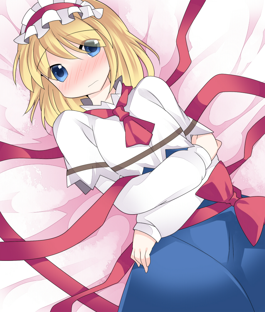 alice_margatroid ascot bad_id bad_pixiv_id blonde_hair blue_dress blue_eyes blush capelet check_commentary commentary_request dress gift hairband hammer_(sunset_beach) lolita_hairband long_sleeves looking_at_viewer lying on_back ribbon sash shirt solo touhou