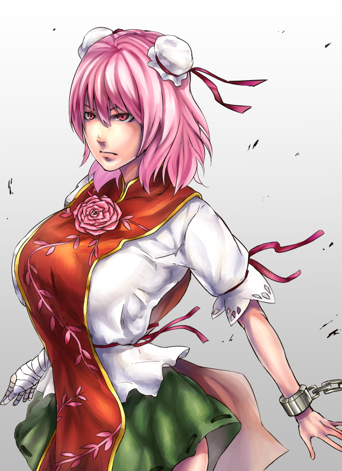 bandages bow breasts bun_cover chain chinese_clothes cuffs double_bun flower ibaraki_kasen large_breasts minami_koyogi pink_eyes pink_hair red_eyes rose short_hair solo tabard touhou