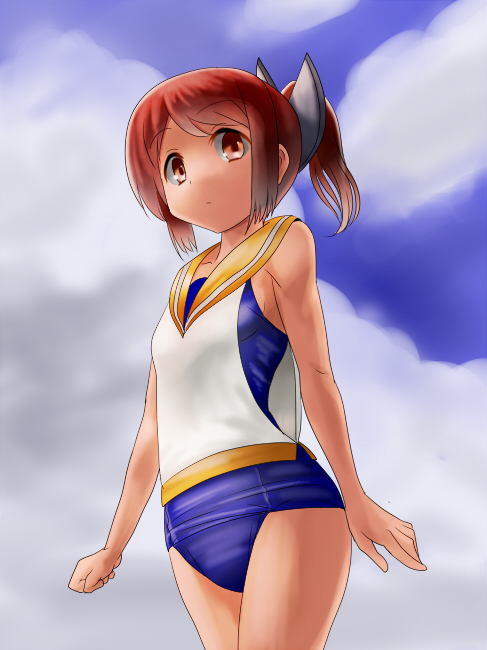 araki_(qbthgry) blue_sky blush brown_eyes brown_hair clenched_hand cloud day i-401_(kantai_collection) kantai_collection one-piece_swimsuit ponytail sailor_collar school_swimsuit short_hair short_ponytail sky smile solo swimsuit swimsuit_under_clothes