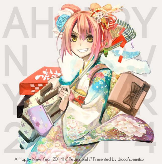 2014 english grin hair_ornament happy_new_year japanese_clothes kimono new_year original pink_hair smile solo suemitsu_dicca yellow_eyes