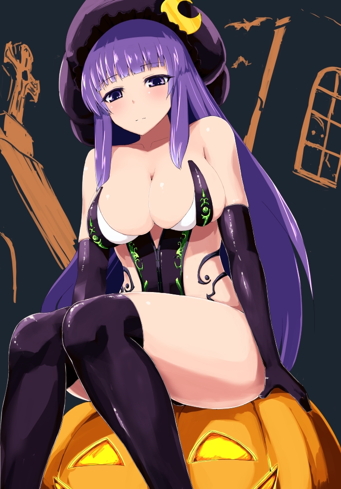 bangs bare_shoulders black_gloves black_legwear blunt_bangs blush breasts bustier cleavage crescent elbow_gloves feet_out_of_frame gloves halloween hat ishimiso_(ishimura) jack-o'-lantern large_breasts legs long_hair long_legs over-kneehighs patchouli_knowledge pumpkin purple_eyes purple_hair purple_legwear sitting solo thick_thighs thighhighs thighs touhou