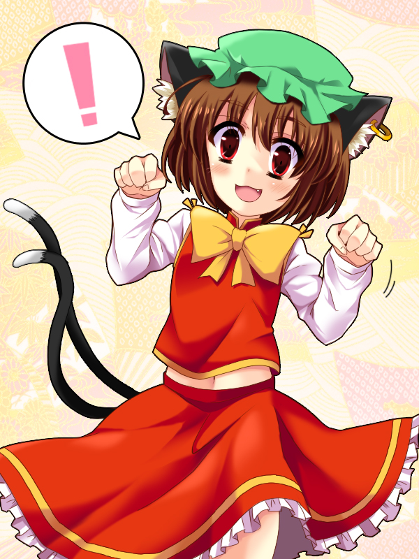 animal_ears brown_hair cat_ears cat_tail chen fang hainakku hat multiple_tails navel nekomata paw_pose red_eyes solo tail touhou two_tails