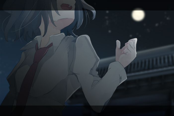 architecture bad_id bad_pixiv_id blurry brown_hair depth_of_field east_asian_architecture full_moon ghostly_field_club letterboxed moon necktie night open_mouth short_hair solo star_(sky) tokoroten_(hmmuk) touhou usami_renko