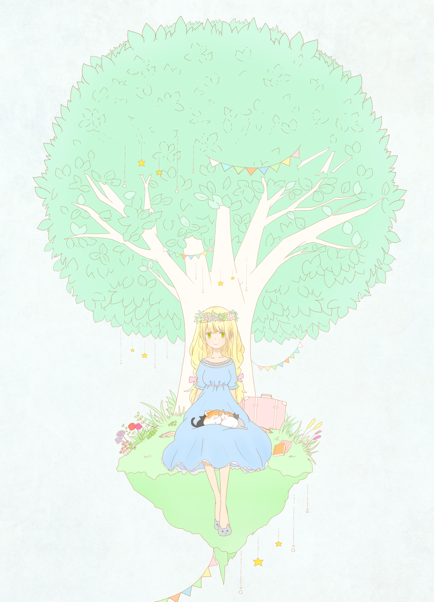 1girl arm_support bare_shoulders blonde_hair cat dress floating flower green_eyes highres looking_at_viewer mari_(marixrian) mari_(milkuro) pixiv_manga_sample resized sitting solo source_request suitcase tree