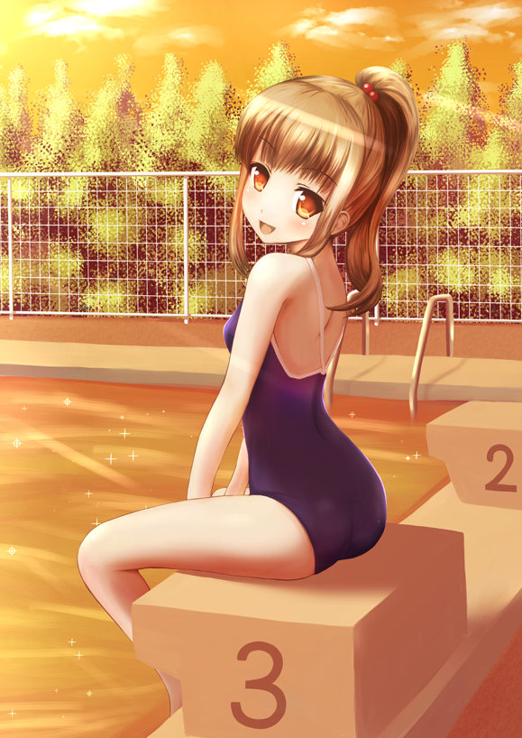 ass brown_eyes brown_hair cloud competition_school_swimsuit eyebrows_visible_through_hair fence hair_bobbles hair_ornament head_tilt high_ponytail ki_(kk-sk-ray) legs looking_at_viewer looking_back one-piece_swimsuit original ponytail pool poolside school_swimsuit short_hair sitting soaking_feet solo sparkle sunlight swimsuit tree water