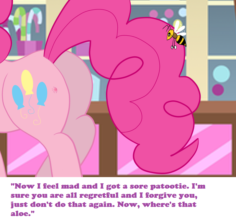 arthropod bee bee_sting blue_eyes bsting butt english_text equine female feral friendship_is_magic fur hair horse insect long_hair mammal my_little_pony pink_fur pink_hair pinkie_pie_(mlp) pony solo text