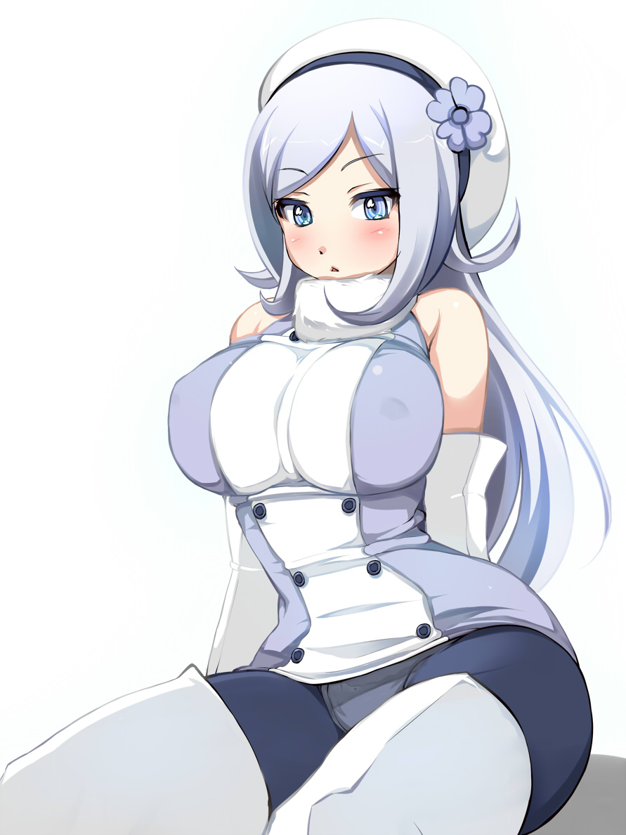 aila_jyrkiainen beret blue_eyes blush boots breasts elbow_gloves gloves gundam gundam_build_fighters hat large_breasts long_hair panties panties_under_pantyhose pantyhose shiki_(psychedelic_g2) silver_hair simple_background solo thigh_boots thighhighs underwear white_background