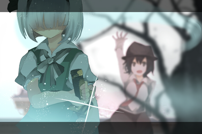 bad_id bad_pixiv_id blurry branch brown_eyes brown_hair depth_of_field faceless ghostly_field_club hair_ribbon konpaku_youmu letterboxed light_particles multiple_girls necktie ribbon shaded_face short_hair silver_hair sparkle sword tokoroten_(hmmuk) touhou tree usami_renko weapon