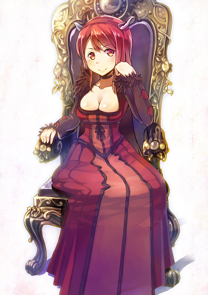argyle breasts choker cleavage dress fake_horns large_breasts long_hair maou_(maoyuu) maoyuu_maou_yuusha red_dress red_eyes red_hair revision sitting smile solo throne umeboshitora white_background
