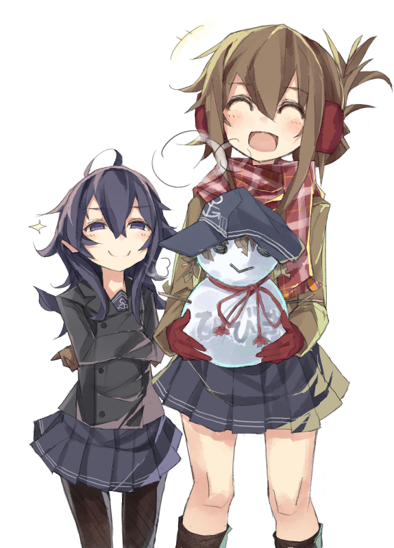 :&gt; ^_^ akatsuki_(kantai_collection) akiyama_tama bad_id bad_pixiv_id blue_eyes blue_hair closed_eyes crossed_arms earmuffs folded_ponytail hat hat_removed headwear_removed heavy_breathing inazuma_(kantai_collection) jacket kantai_collection long_hair multiple_girls open_mouth pantyhose plaid plaid_scarf scarf skirt smile snowman sparkle