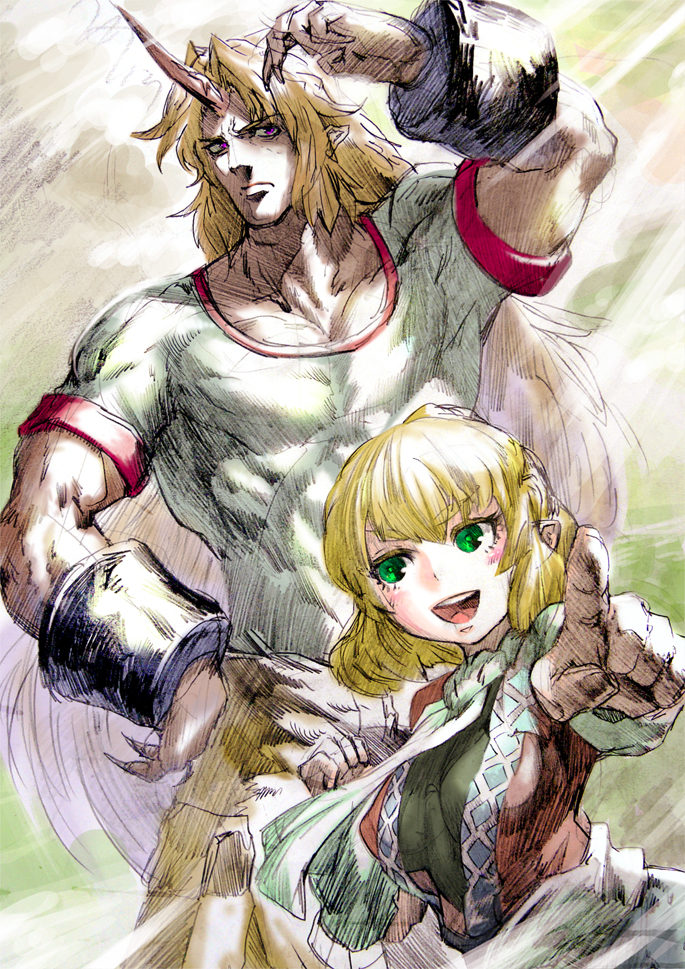 1girl arm_up bad_id bad_pixiv_id blonde_hair commentary_request cuffs genderswap genderswap_(ftm) gibagiba graphite_(medium) green_eyes horn hoshiguma_yuugi long_hair looking_at_viewer manly mizuhashi_parsee multiple_girls muscle open_mouth pointing pointing_at_viewer pointing_forward pointy_ears purple_eyes sash scarf shackles shirt smile touhou traditional_media very_long_hair