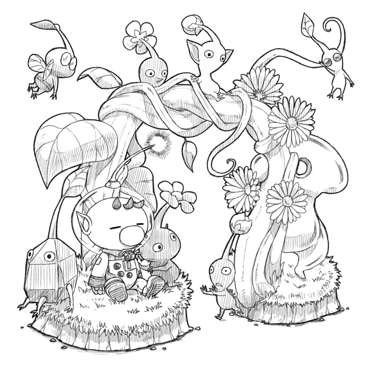 flower flying greyscale leaf monochrome naru_(wish_field) olimar pikmin_(creature) pikmin_(series) pikmin_3 plant sitting vines wings