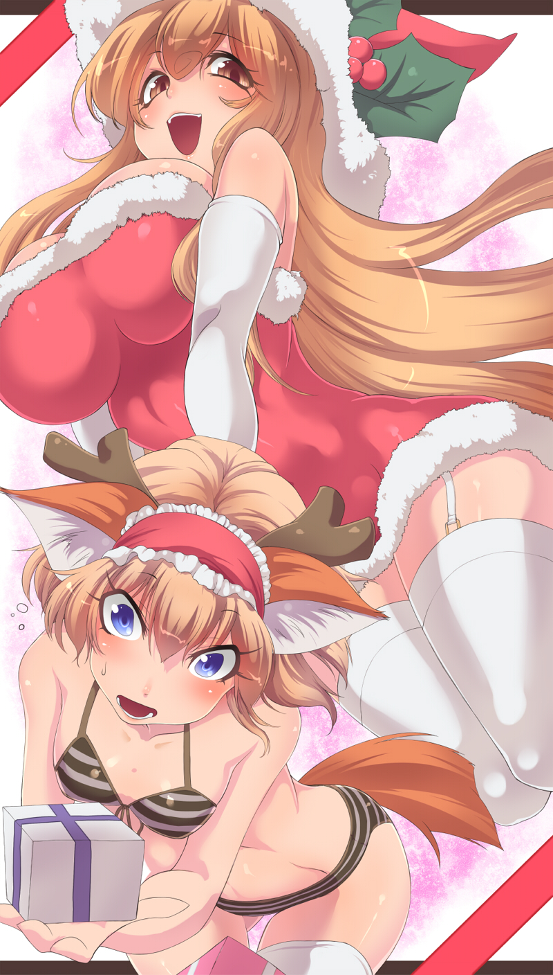 alice_margatroid alternate_costume animal_ears antlers bare_shoulders bikini blonde_hair blue_eyes blush breast_squeeze breasts christmas elbow_gloves fake_animal_ears garter_straps gift gloves hat highres huge_breasts kemonomimi_mode kirisame_marisa large_breasts letterboxed long_hair looking_at_viewer multiple_girls open_mouth outstretched_arm outstretched_hand reindeer_antlers reindeer_ears reindeer_tail santa_costume santa_hat smile striped striped_bikini suikamaru sweat swimsuit tail thighhighs touhou very_long_hair white_gloves white_legwear yellow_eyes zettai_ryouiki