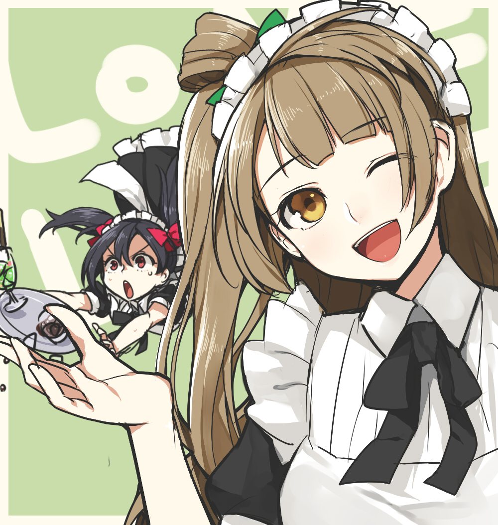 ;d alternate_costume apron black_hair blush bow brown_eyes brown_hair enmaided hair_bow hitoto long_hair looking_at_viewer love_live! love_live!_school_idol_project maid maid_headdress minami_kotori multiple_girls one_eye_closed open_mouth red_eyes short_hair smile spilling tray tripping twintails wonder_zone yazawa_nico