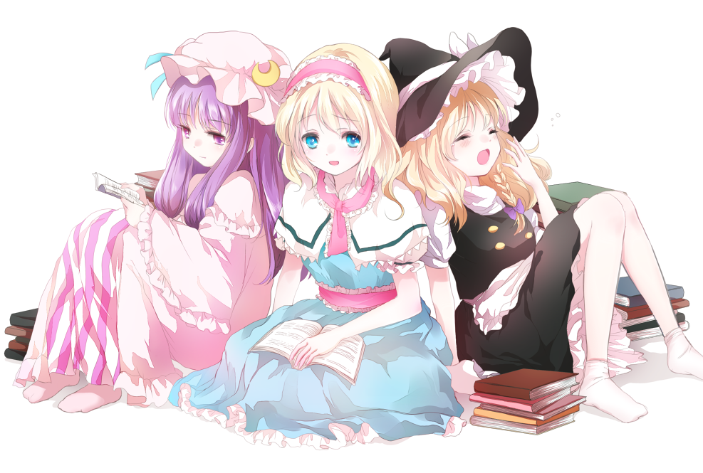 alice_margatroid apron bad_id bad_pixiv_id black_dress blonde_hair blue_dress blue_eyes book book_stack braid capelet closed_eyes coat crescent dress hairband hand_to_own_mouth hat kirisame_marisa lolita_hairband long_sleeves looking_at_viewer mob_cap multiple_girls open_clothes open_coat open_mouth patchouli_knowledge puffy_sleeves purple_dress purple_eyes purple_hair sash short_sleeves simple_background single_braid sitting smile striped striped_dress touhou waist_apron white_background wide_sleeves witch_hat yatomi yawning