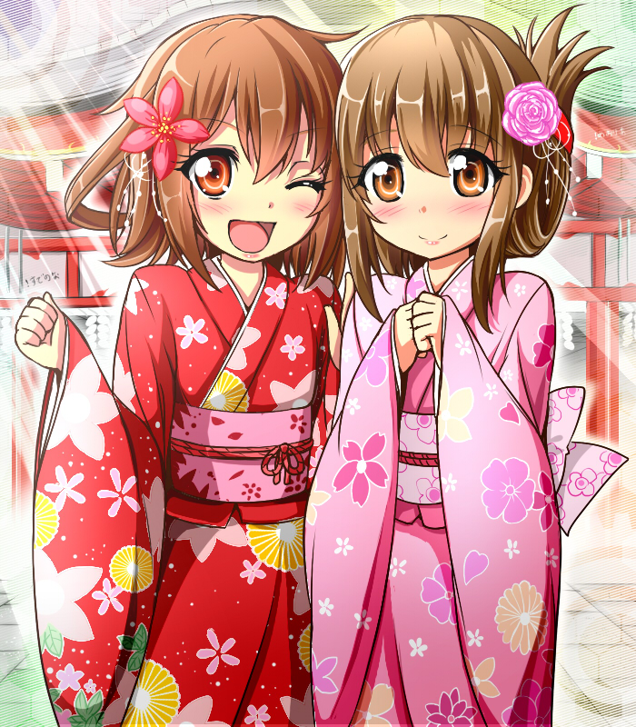 brown_eyes brown_hair flower folded_ponytail hair_flower hair_ornament ikazuchi_(kantai_collection) inazuma_(kantai_collection) japanese_clothes kantai_collection kayama_kenji kimono long_sleeves multiple_girls one_eye_closed open_mouth short_hair smile