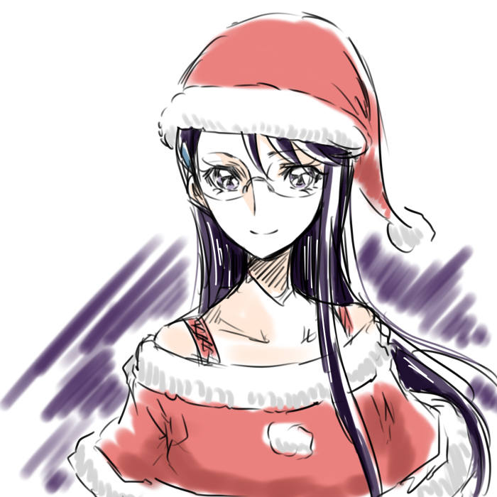 adapted_costume alternate_costume bare_shoulders christmas eyelashes glasses hair_ornament hairclip happy hat heartcatch_precure! long_hair looking_at_viewer precure purple_eyes purple_hair santa_costume santa_hat simple_background sketch smile solo tsukikage_oyama tsukikage_yuri white_background