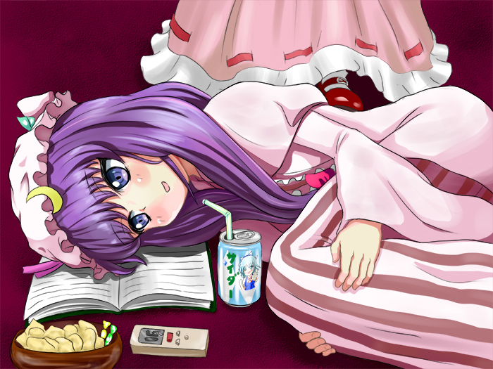 bad_id bad_pixiv_id bendy_straw blush_stickers book bowl can cirno crescent crescent_hair_ornament dress drinking_straw fetal_position hair_ornament hands_on_own_knees hat long_hair lying mob_cap on_floor on_side open_book open_mouth patchouli_knowledge purple_background purple_eyes purple_hair remilia_scarlet robe snack soda_can solo_focus striped striped_dress tonakai_(bunsuka) touhou
