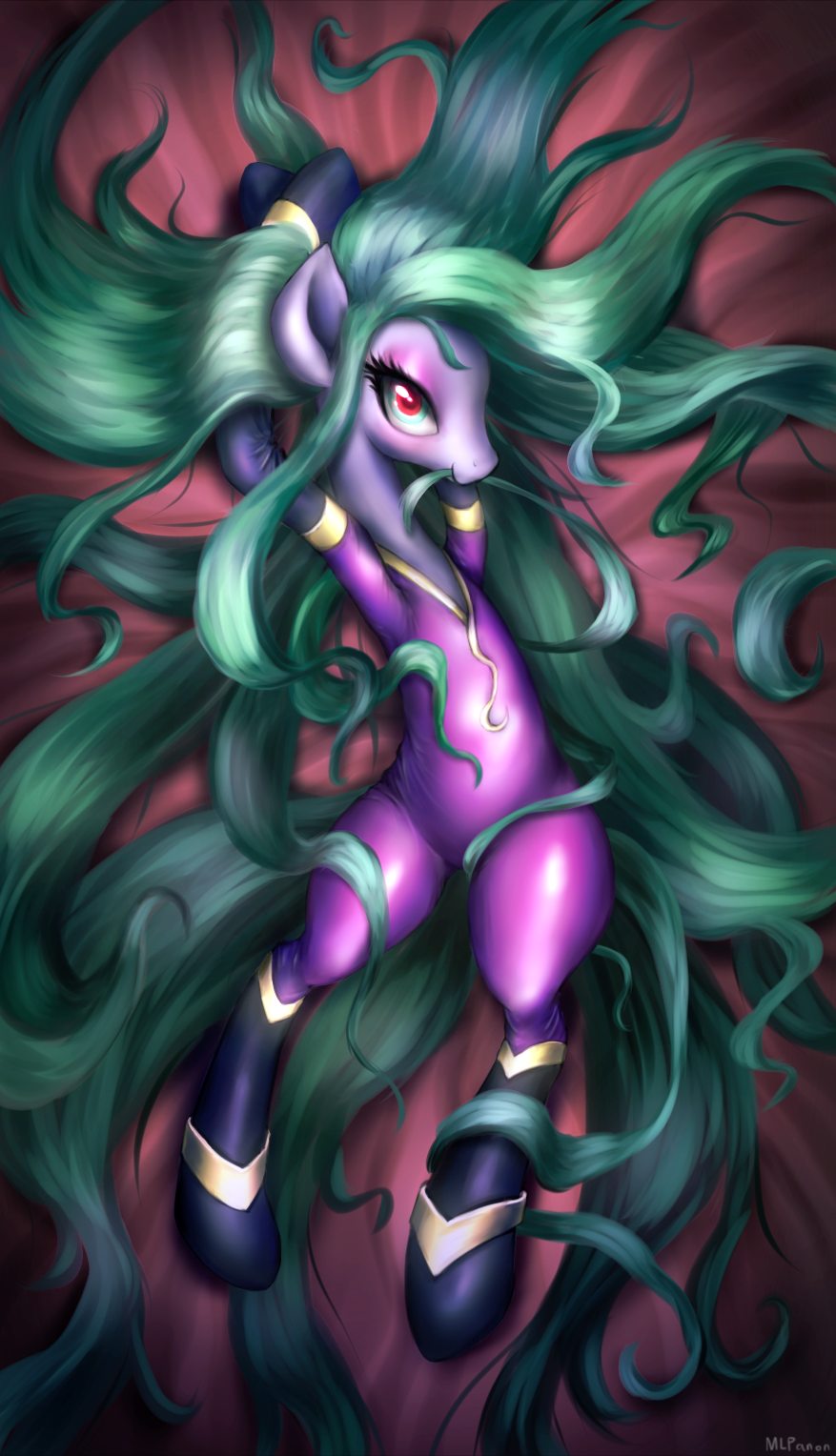costume detailed equine female feral friendship_is_magic fur green_hair hair horse looking_at_viewer lying mammal mane-iac_(mlp) mlpanon my_little_pony pony purple_fur red_eyes solo theformlpganon