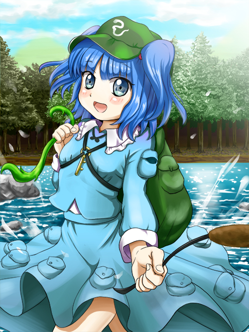 backpack bad_id bad_pixiv_id bag blue_hair blue_sky cattail cloud day fingernails foreshortening forest glint grey_eyes hair_bobbles hair_ornament hat kawashiro_nitori key long_sleeves looking_at_viewer nature open_mouth outdoors plant rock seaweed short_hair skirt skirt_set sky solo tonakai_(bunsuka) touhou two_side_up water