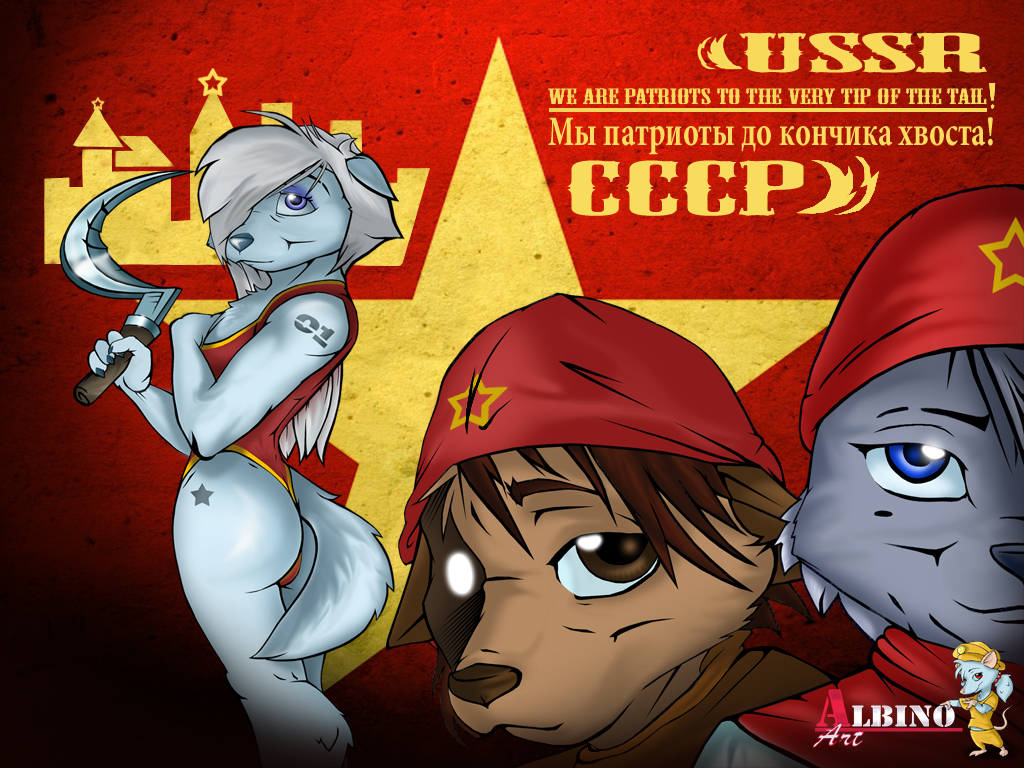 anthro blade blue_eyes butt canine communist dog female fur male mammal original_character pioneer plain_background red_background shawl simple_background star swimsuit text translation_request ussr weapon white_fur wolf