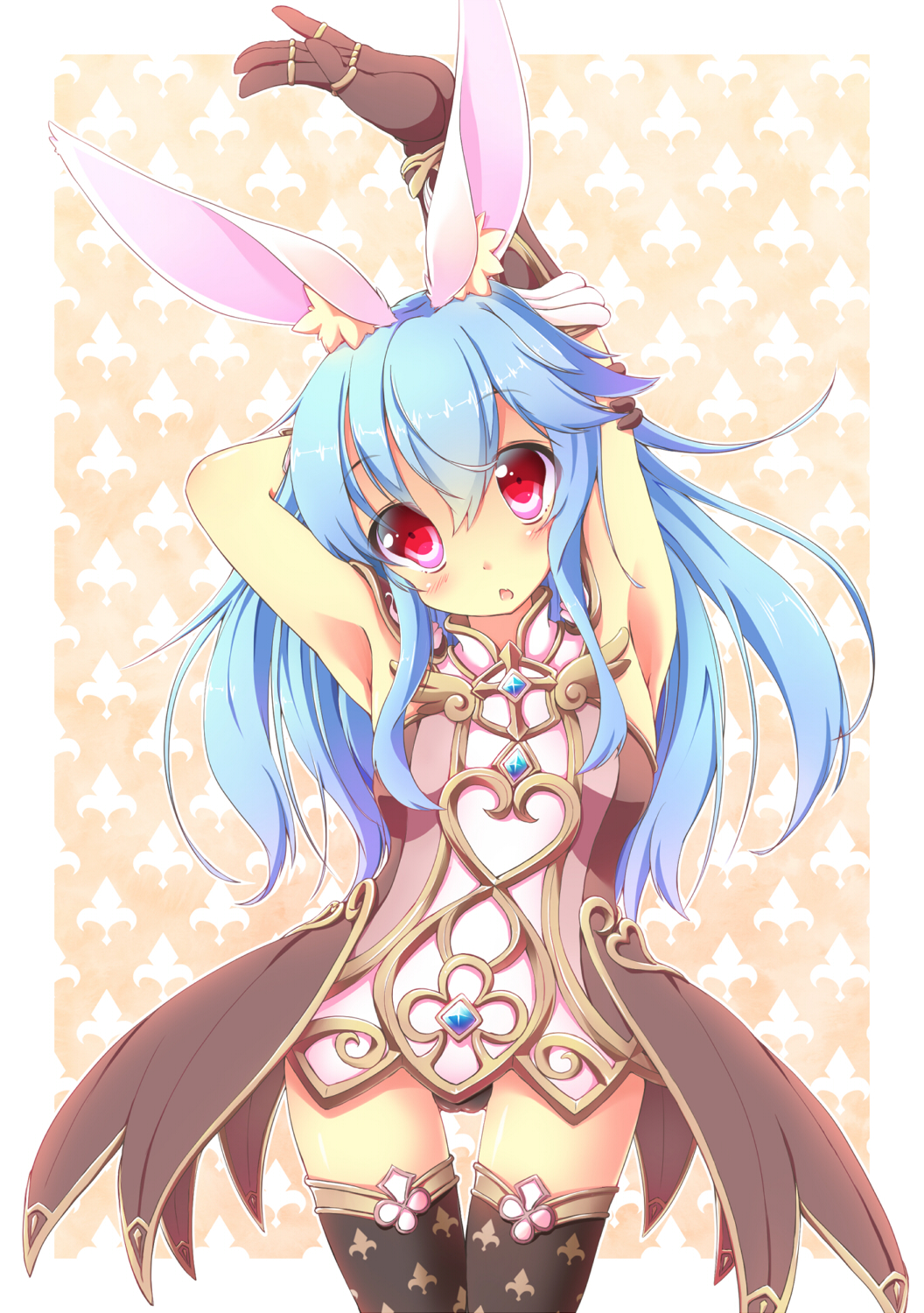 animal_ears armor armpits arms_behind_head arms_up blue_hair bunny_ears cowboy_shot elbow_gloves elin_(tera) gloves highres kt_cano long_hair panties red_eyes solo stretch tera_online thigh_gap thighhighs underwear