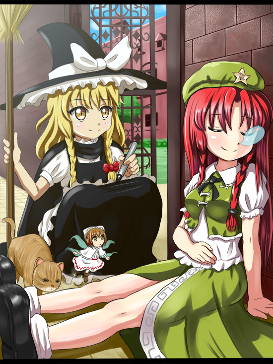 against_wall apron bad_id bad_pixiv_id blonde_hair braid breasts broom cape cat chinese_clothes fairy gate grass hat hat_ribbon hong_meiling kirisame_marisa long_hair looking_at_another marker medium_breasts minigirl multiple_girls nose_bubble outdoors red_hair ribbon scarlet_devil_mansion short_sleeves sitting skirt skirt_set sleeping smile squatting star tonakai_(bunsuka) touhou twin_braids waist_apron witch_hat yellow_eyes