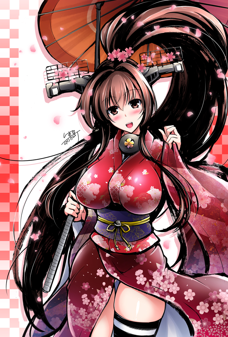 blush breasts brown_eyes brown_hair c.r. high_ponytail hips japanese_clothes kantai_collection kimono large_breasts long_hair looking_at_viewer signature single_thighhigh smile solo thigh_gap thighhighs very_long_hair yamato_(kantai_collection)
