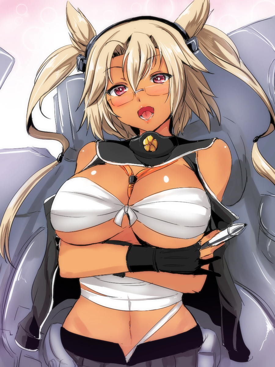 bare_shoulders blonde_hair breast_hold breasts dark_skin fingerless_gloves gin'ichi_(akacia) glasses gloves highres kantai_collection large_breasts musashi_(kantai_collection) navel open_mouth pen pointy_hair red_eyes sarashi short_hair skirt solo tan two_side_up upper_body