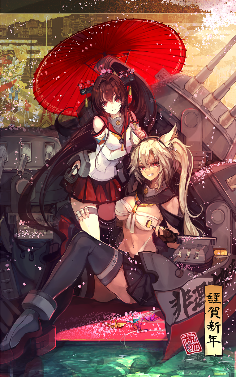 bad_id bad_pixiv_id black_legwear blonde_hair breasts brown_hair cherry_blossoms cis_(carcharias) dark_skin detached_sleeves flower glasses hair_flower hair_ornament highres kantai_collection large_breasts long_hair looking_at_viewer miniskirt multiple_girls musashi_(kantai_collection) new_year oriental_umbrella origami paper_crane pleated_skirt ponytail red_eyes red_umbrella sarashi skirt smile thigh_strap thighhighs two_side_up umbrella underboob very_long_hair yamato_(kantai_collection)