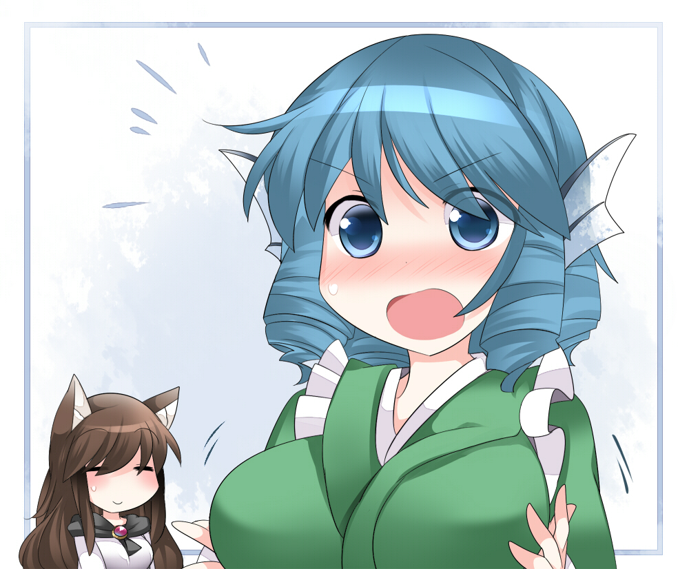 animal_ears bad_id bad_pixiv_id blue_eyes blue_hair blush breasts brooch brown_hair commentary dress hammer_(sunset_beach) head_fins imaizumi_kagerou japanese_clothes jewelry kimono large_breasts long_hair mermaid monster_girl multiple_girls open_mouth short_hair smile touhou wakasagihime wolf_ears