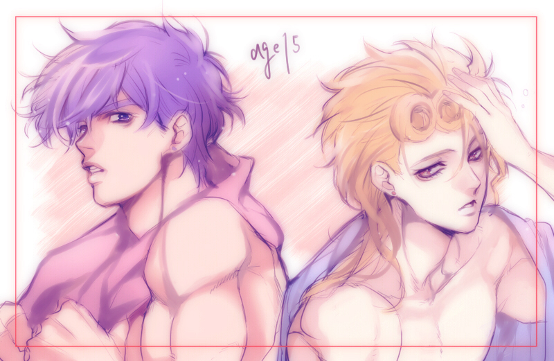 blonde_hair giorno_giovanna hair_down higashikata_jousuke jojo_no_kimyou_na_bouken multiple_boys purple_hair shiron_(shiro_n) wet wet_hair younger