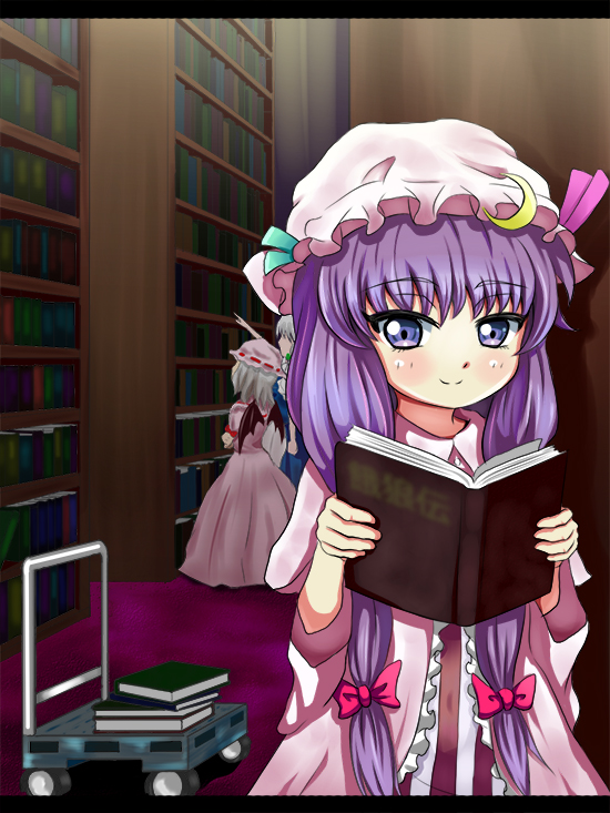 bad_id bad_pixiv_id bangs bat_wings blunt_bangs blush book book_stack bookshelf bow crescent crescent_hair_ornament dress hair_bow hair_ornament hat hat_ribbon holding holding_book indoors izayoi_sakuya library long_dress long_hair looking_at_viewer looking_up mob_cap multiple_girls open_book outstretched_arm patchouli_knowledge pink_bow pink_dress platform_truck pointing pointing_up purple_eyes purple_hair remilia_scarlet ribbon ribbon_trim robe sidelocks silver_hair smile solo_focus standing striped striped_dress tonakai_(bunsuka) touhou wings