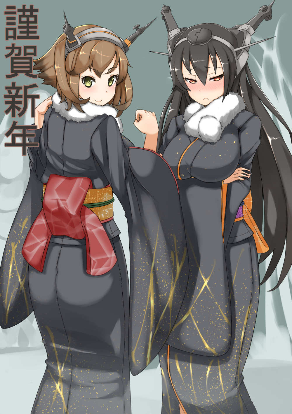 alternate_costume ass back black_hair breasts brown_hair frown green_eyes hairband headgear highres japanese_clothes kantai_collection kimono large_breasts long_hair looking_back marimo_maru multiple_girls mutsu_(kantai_collection) nagato_(kantai_collection) new_year obi red_eyes sash short_hair smile snow text_focus