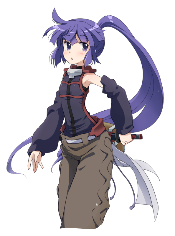 akatsuki_(log_horizon) blush detached_sleeves kanami_yuu log_horizon long_hair looking_back ponytail purple_eyes purple_hair solo sword weapon