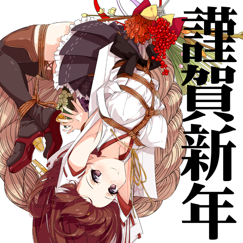 armpits bdsm black_legwear bondage boots bound breast_bondage breasts brown_eyes brown_hair covered_nipples detached_sleeves kantai_collection kongou_(kantai_collection) large_breasts long_hair misu_kasumi nontraditional_miko rope shibari smile solo suspension thigh_boots thighhighs translation_request upside-down
