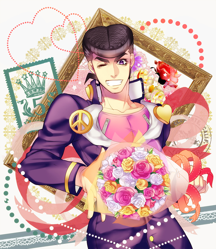 bouquet flower gakuran grin higashikata_jousuke jojo_no_kimyou_na_bouken male_focus one_eye_closed purple_eyes school_uniform shiron_(shiro_n) smile solo