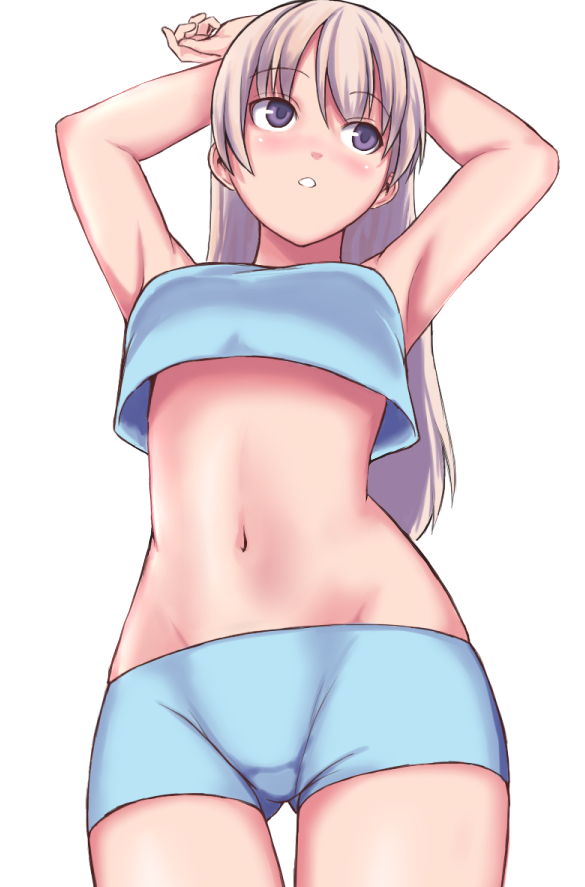 :o armpits arms_up bad_id bad_pixiv_id blonde_hair blush eila_ilmatar_juutilainen goji_(five_clock) long_hair midriff navel panties parted_lips purple_eyes short_shorts shorts simple_background solo stomach strike_witches thigh_gap underwear world_witches_series