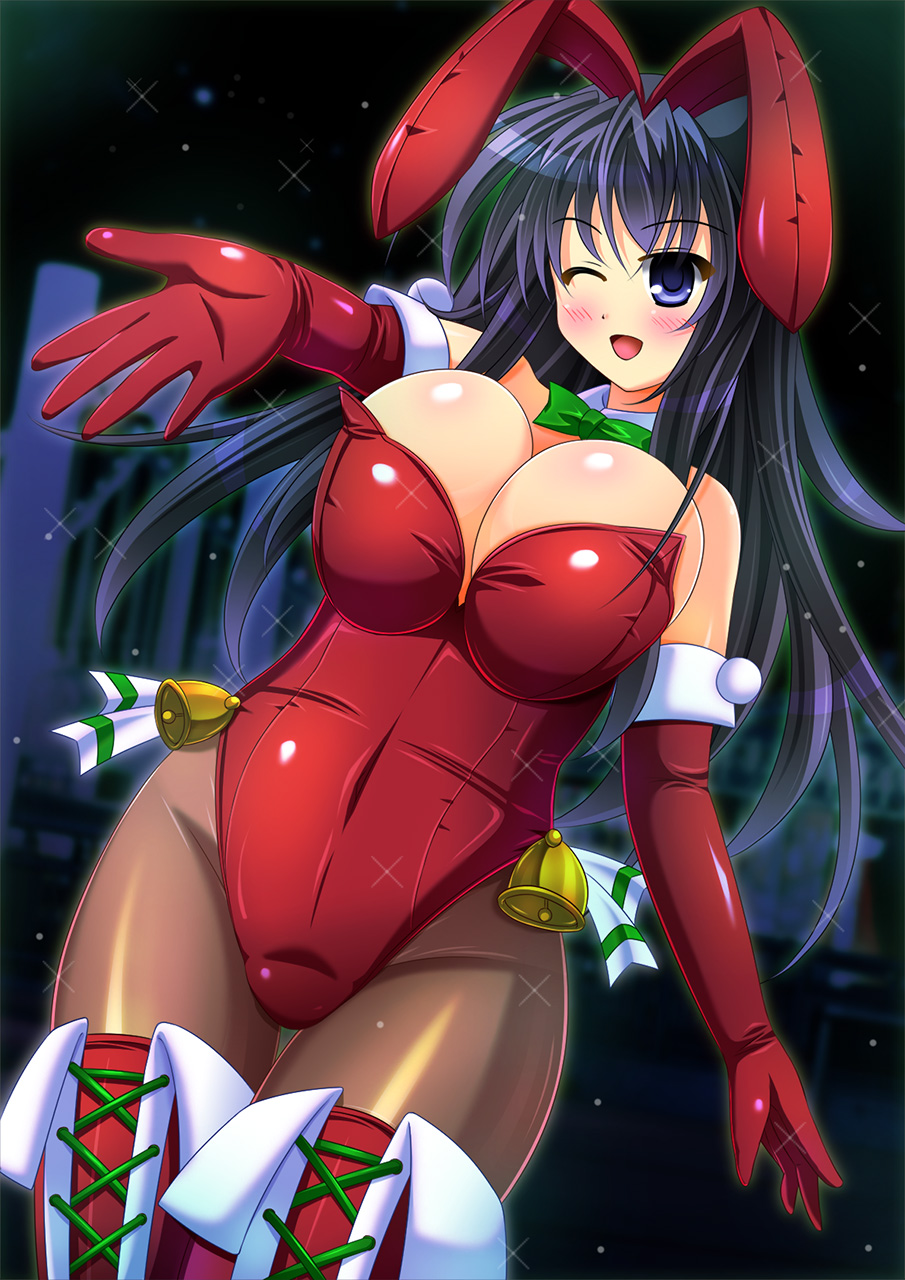 1girl animal_ears bell black_hair blue_eyes blush breasts bunny_ears bunnysuit christmas detached_collar elbow_gloves female gloves highres long_hair open_mouth original smile solo thighhighs vandeal wink