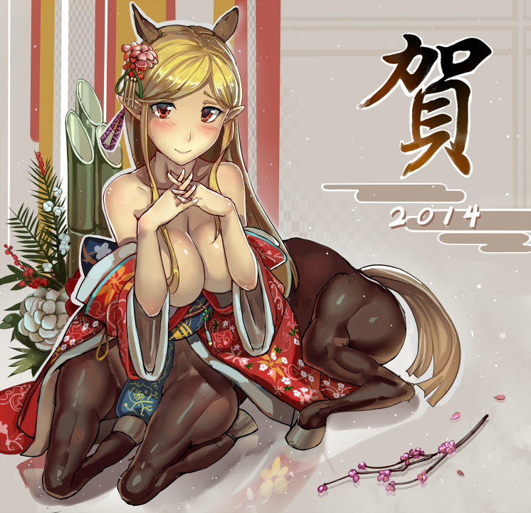 2014 animal_ears blonde_hair blush breasts centaur cherry_blossoms extra_ears hair_ornament horse_ears large_breasts long_hair monster_girl original pointy_ears red_eyes smile solo tail walzrj