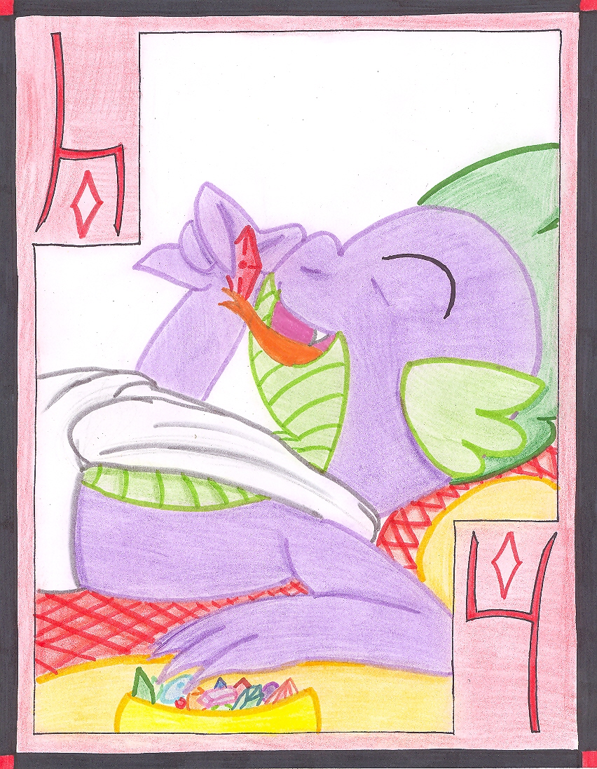 cardstock diamond dragon eating four friendship_is_magic gem my_little_pony playing_card smile spike_(mlp) the1king toga