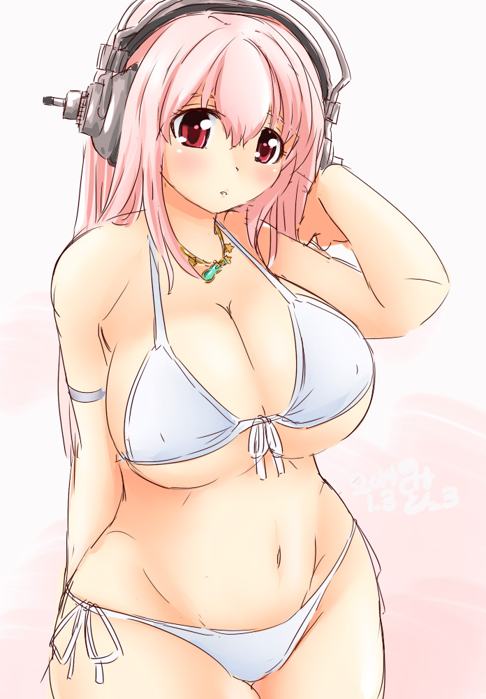 arm_up banned_artist bare_shoulders bikini breasts cleavage curvy dated headphones huge_breasts jewelry long_hair mikomu navel necklace nitroplus pink_hair red_eyes solo super_sonico swimsuit white_bikini wide_hips