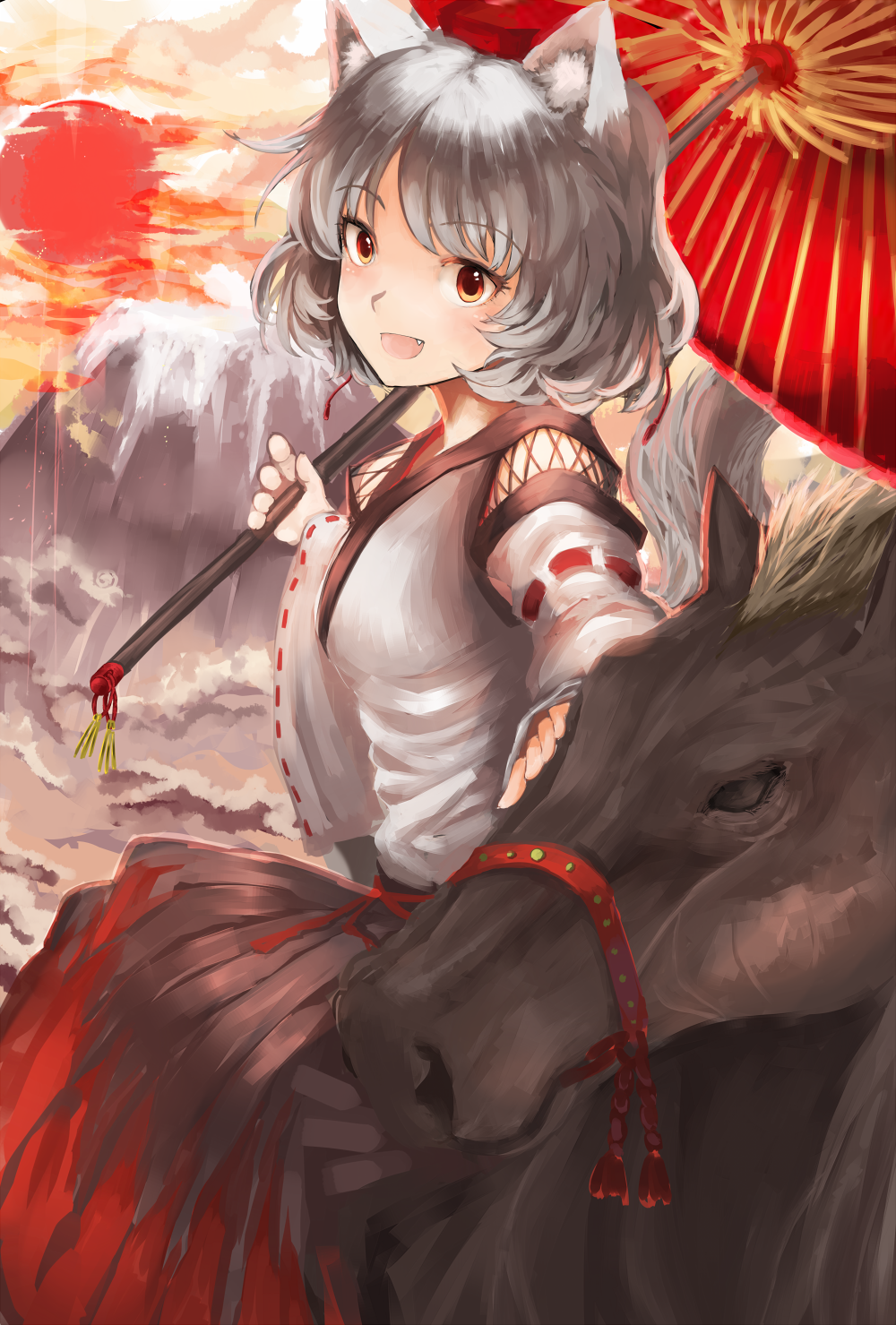 animal_ears detached_sleeves fang hat highres horse inubashiri_momiji long_sleeves looking_at_viewer mountain open_mouth orange_eyes oriental_umbrella rikkido shirt silver_hair skirt smile solo sun tail tokin_hat touhou umbrella wide_sleeves wolf_ears wolf_tail